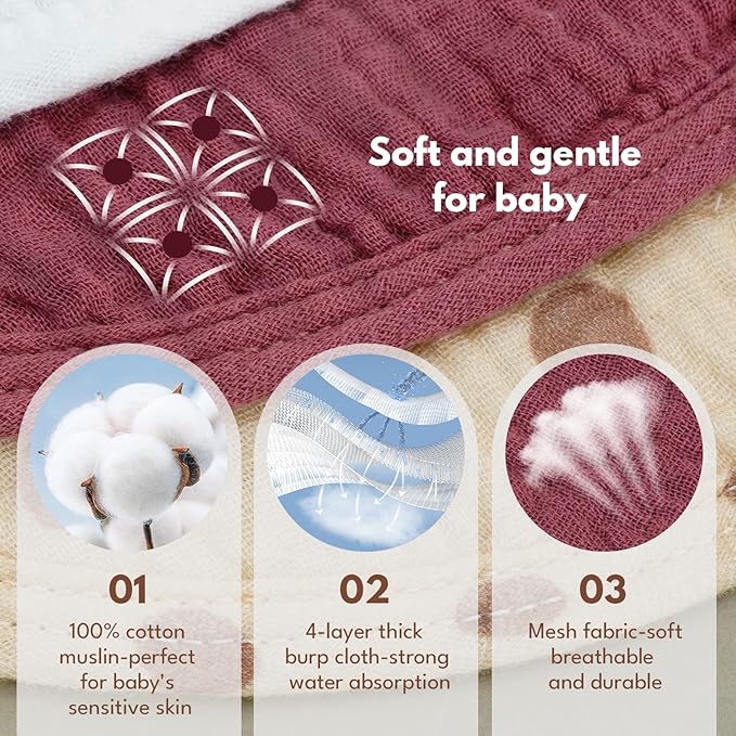Muslin Burp Cloths with Snaps,Multi-Use Burpy Bib 100% Cotton for Spit Up & Drool,Large 22"X11" Extra Absorbent Burping Cloth for Newborn Boys Girls Essentials,Red