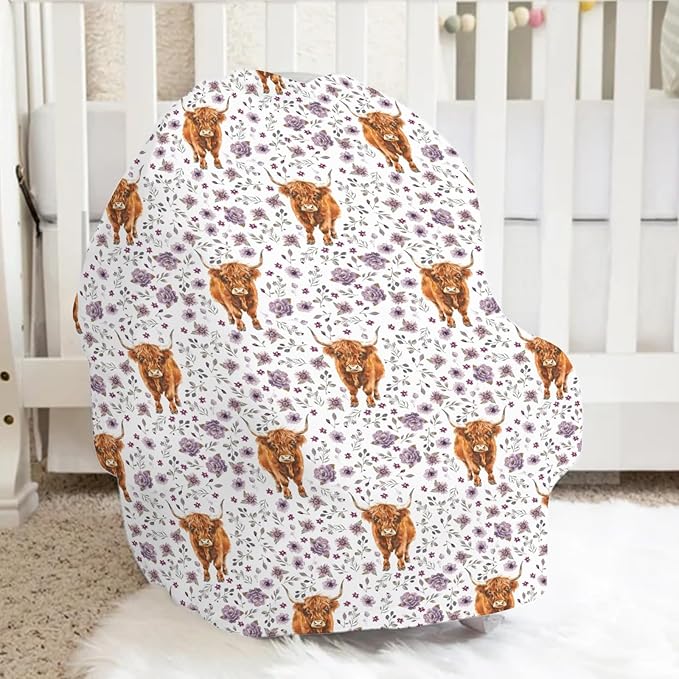 5-in-1 Unisex Western Farm Animals Cow Pattern Baby Carseat Stroller Cover for Boys Girls, Highland Cow Flowers Infant Toddler Privacy Nursing Breastfeeding Canopy, Grocery Shopping Cart Cover-24x28