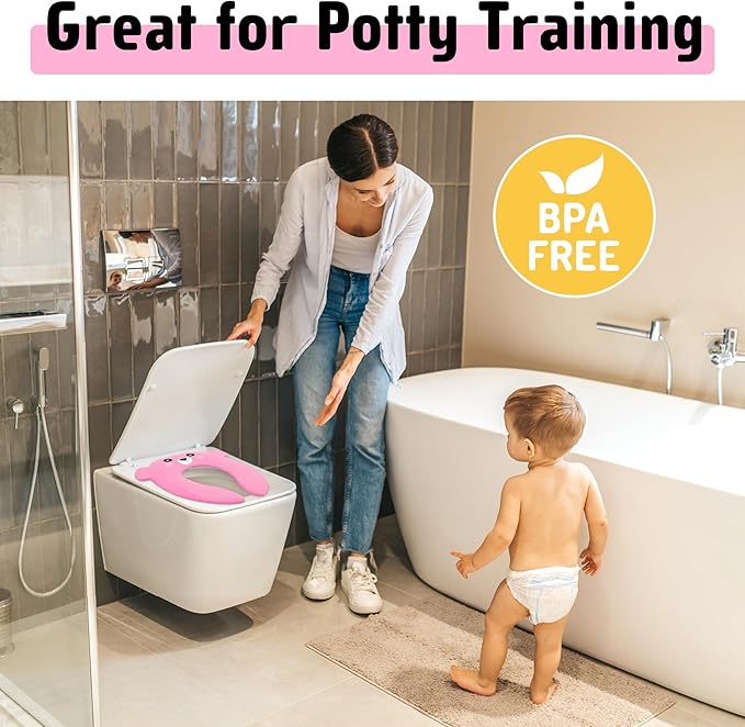 Maliton Travel Potty Training Seat for Toddler, Portable Foldable Potty Seat Cover Fits Round & Oval Toilets, Non-Slip Toilet Seat with Free Travel Bag(Pink Bear)