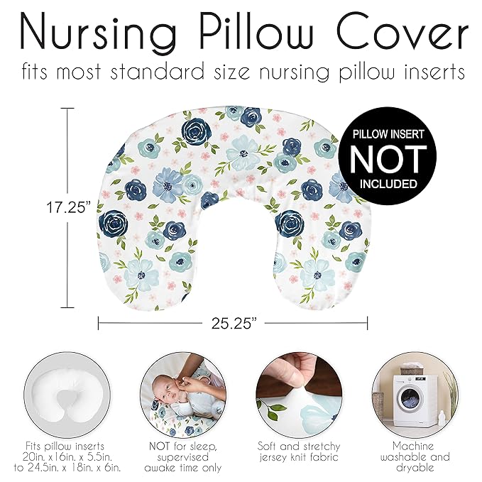 Sweet Jojo Designs Watercolor Floral Nursing Pillow Cover Breastfeeding Pillowcase for Newborn Infant Bottle Breast Feeding Pillow NOT Included Navy Blue Pink Boho Shabby Chic Rose Flower Farmhouse