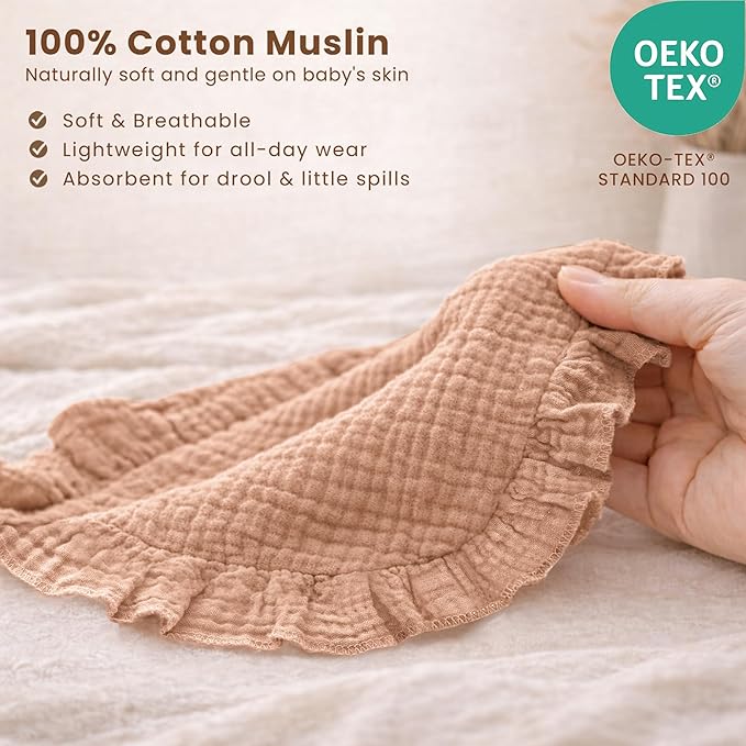 Konssy Muslin Baby Bibs for Girls – Soft 100% Cotton Drool Bibs, Ruffle Trim for Newborns & Toddlers 0-36 Months 3-Pack