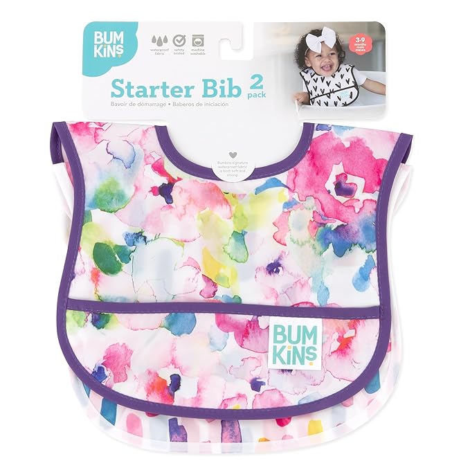 Bumkins Bibs, for Baby Girl or Boy, Infant 3-9 Months, Essential Must Have for Eating, Feeding, Baby Led Weaning, Mess Saving Waterproof Soft Fabric, Starter Bib 2-pk Watercolors and Brushstrokes
