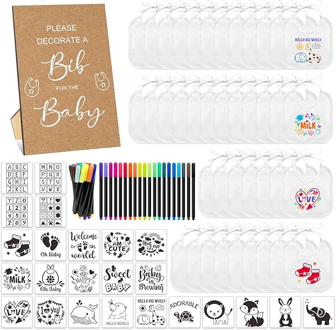 SytuHe 95 Pcs DIY Baby Bibs Decorating Kit50 White Bibs 24 Stencils 20 Fabric Markers 1 Baby Shower Game Sign
