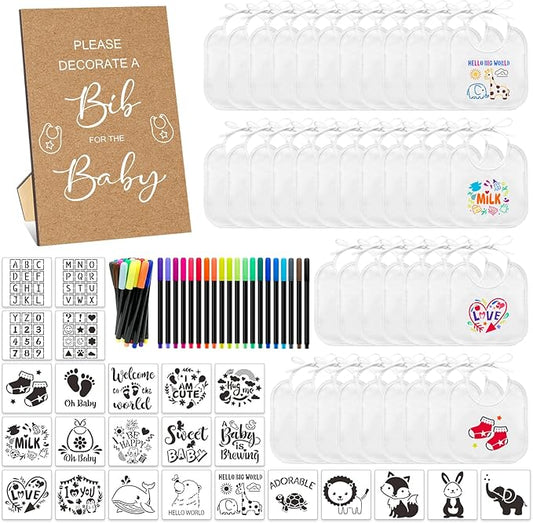 SytuHe 95 Pcs DIY Baby Bibs Decorating Kit50 White Bibs 24 Stencils 20 Fabric Markers 1 Baby Shower Game Sign