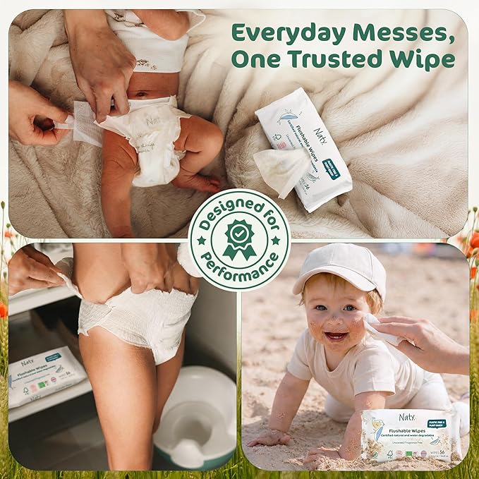 Naty Flushable Baby Wipes | 98% Water, Hypoallergenic & Natural for Sensitive Skin | Unscented, Fragrance-Free, Plant-Based | Plastic-Free, Water-Degradable | Newborn & Toddler | 504 Count (12 Packs)