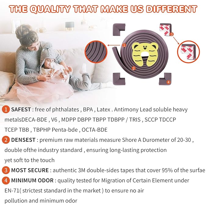 Baby Proofing Edge and Corner Guards, Safety 3M Pre-Taped Furniture Bumper, Coffee Brown, Heavy-Duty (Brown, 6.5 Feet + 4 Corner)