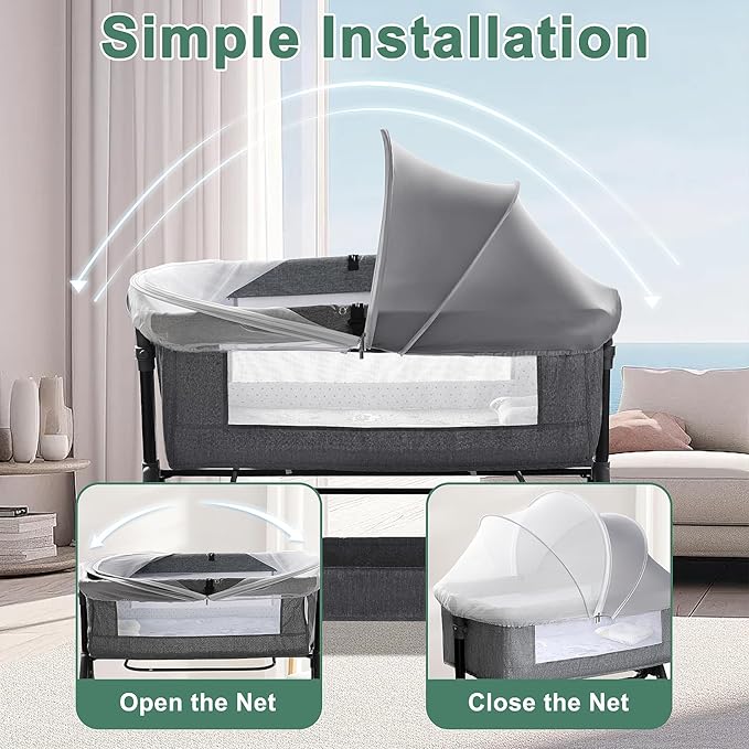 Bassinet Cover for Cats - Blackout Breathable Mosquito Net for Baby Bedside Sleepers & Travel Cribs, 2-Way Zipper Bug Canopy Tent to Block Light & Keep Cats Out (Gray-Small)