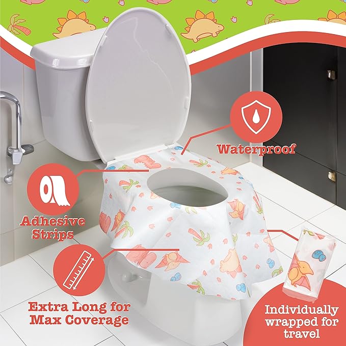 Potty Shields Toilet Seat Covers Disposable (12 pk, Dinosaurs) - XL Waterproof Toilet Cover for Toddlers, Kids & Adults - Portable & Individually Wrapped for Travel, Potty Training, Public Restrooms