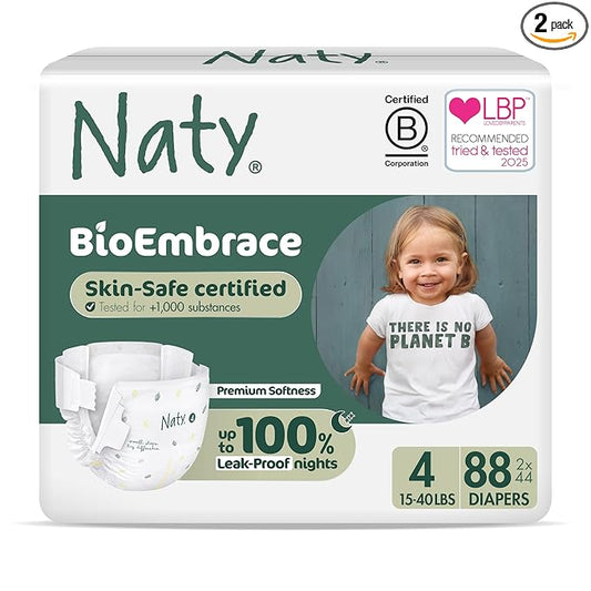 Naty BioEmbrace Baby Diapers | Sensitive Skin Safe Certified | Leak Protection up to 100% | Plant-Based Softness, Premium Comfort | Chlorine-Free | Size 4 (15–40 lbs), 88 Count