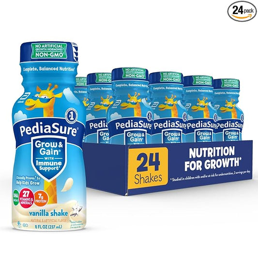 PediaSure Grow & Gain with Immune Support, 27 Vitamins & Minerals for Kids, 7g Protein, Non-GMO, Gluten-Free, Vanilla, 8-fl-oz Bottle, Pack of 24
