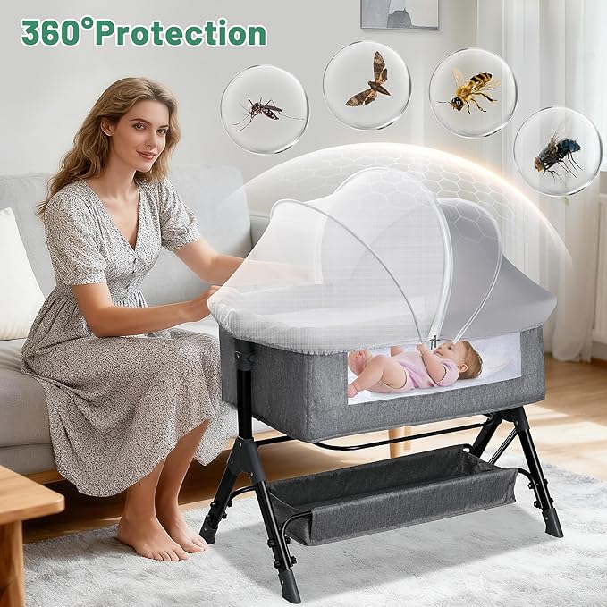 Bassinet Cover for Cats - Blackout Breathable Mosquito Net for Baby Bedside Sleepers & Travel Cribs, 2-Way Zipper Bug Canopy Tent to Block Light & Keep Cats Out (Gray-Small)
