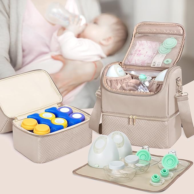 Fasrom Breast Pump Bag with Cooler Compartment Compatible with Momcozy, Medela and Willow Hands Free Pump, Pumping Tote with Waterproof Mat, Camel