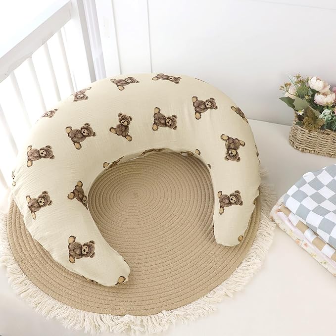 SWESEN Muslin Nursing Pillow Cover, Soft Removable Cover for Breastfeeding Pillows, Pillow Slipcover for Baby Boys and Girls, Comfortable & Breathable, Bear, Washable (Only Cover)
