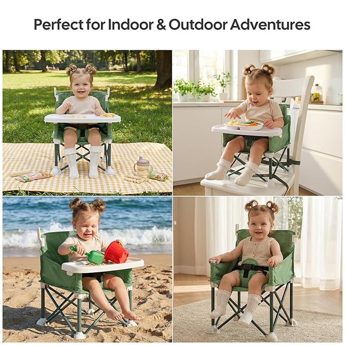 Portable Baby Booster Seat with Removable Tray & Canopy - 3 Point Safety Harness, Compact Fold for Travel, Indoor Outdoor Use for Infants & Toddlers, Green