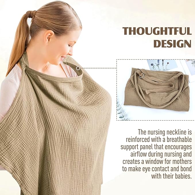 Cinaci 2 Pack Pure Cotton Muslin Lightweight Breathable Breastfeeding Nursing Cover Blankets with Adjustable Metal Clasp (Camel+Khaki)
