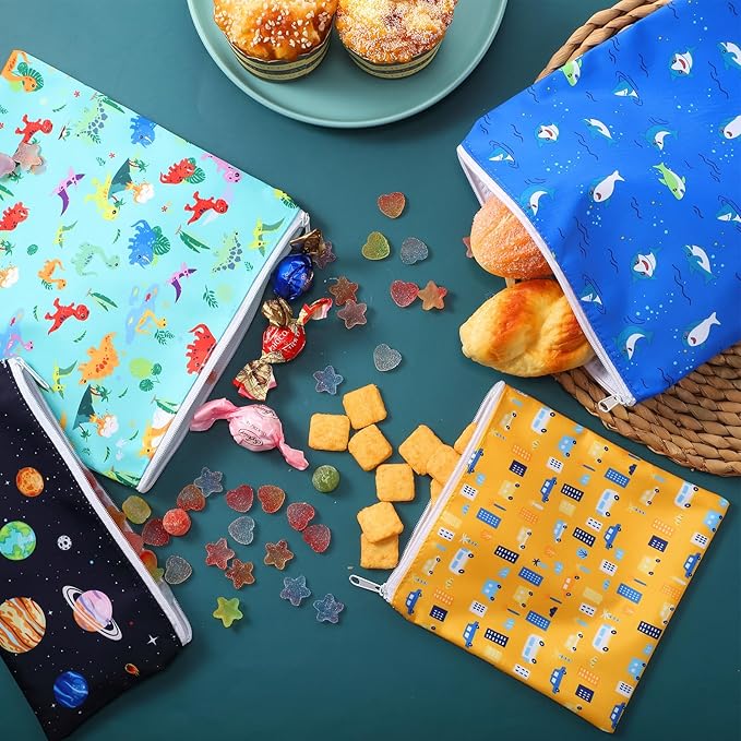 Paterr 4 Pcs Sandwich Bag Reusable Zipper Snack Bags Washable Food Safe Lunch Bags for Kids Students Adults Food (Dinosaur)