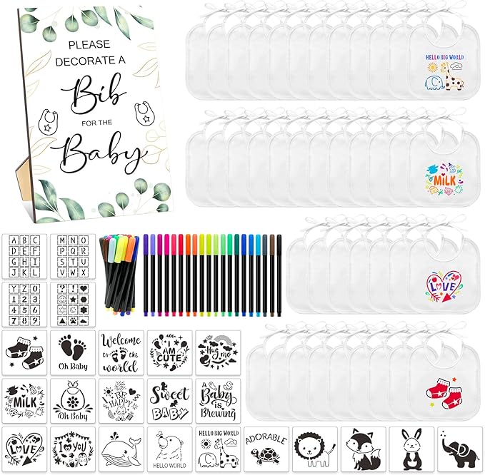 SytuHe 95 Pcs DIY Baby Bibs Decorating Kit50 White Bibs 24 Stencils 20 Fabric Markers 1 Baby Shower Game Sign