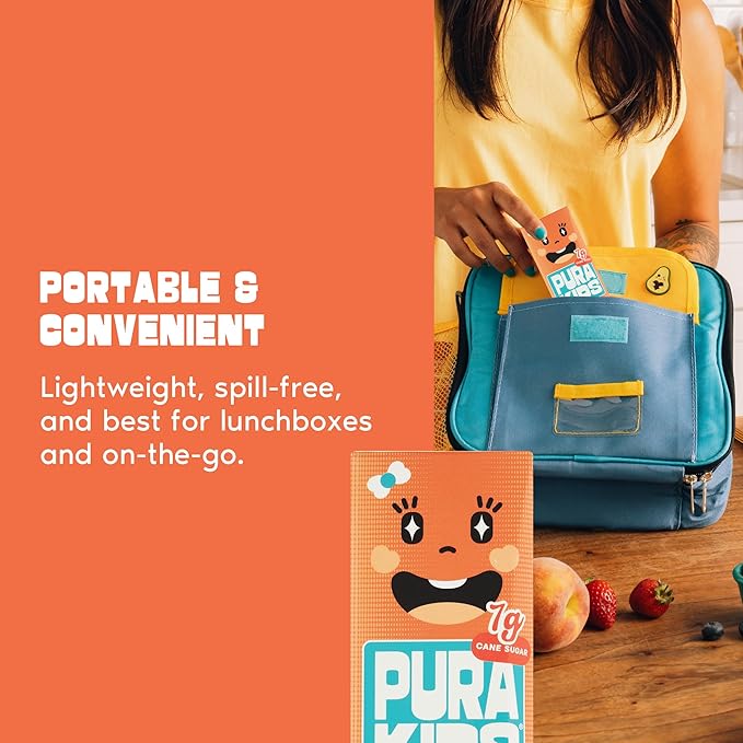 PURA Kids Box | Peach Fruit extract infused Drink for kids | 7g Pure Cane Sugar | Non-GMO | Vegan, No Artificial Sweeteners | Best Lunchbox Beverage with Paper Straw | 6.76 fl oz (200ml), Pack of 24