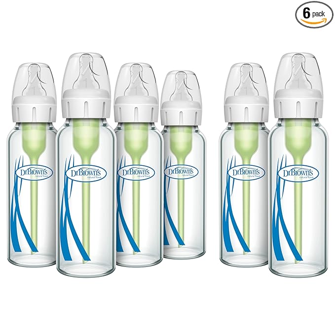 Dr. Brown's Anti-Colic Options+ Narrow Glass Baby Bottle, 8 oz/250 mL, with Level 1 Slow Flow Nipple, 2-Pack and 4-Pack, 0m+