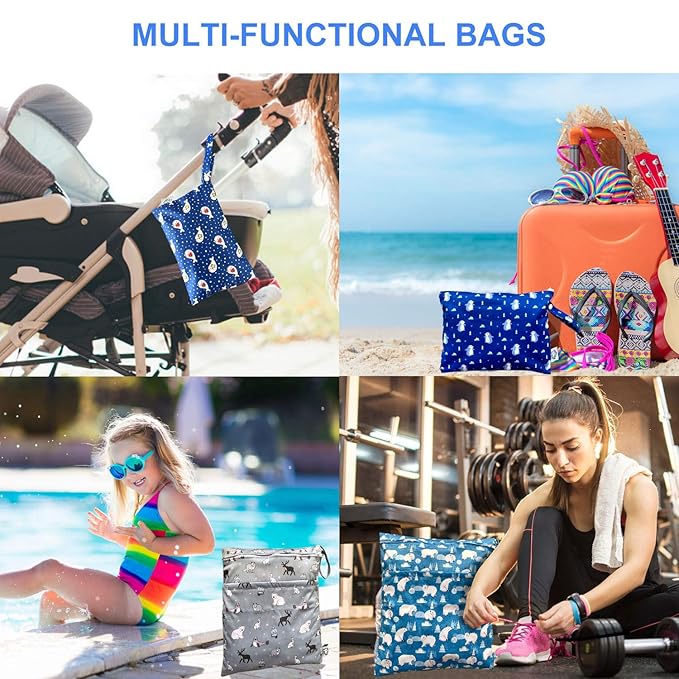Waterproof and Reusable Wet Bag Diaper Stroller Water Resistant Swimsuit Travel Toiletries Yoga Gym Washable Carrier Small Medium Large Winter Animal 4 Pack