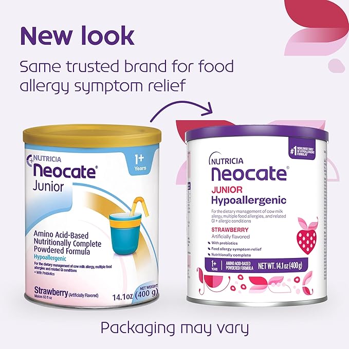 Nutricia Neocate Junior - Hypoallergenic, Dairy-free, Amino Acid-Based Formula for 1+ Years - For Toddlers, Kids & Teens - Powdered Formula - Strawberry - 14.1 oz can (Case of 4)