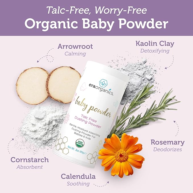 Era Organics Talc-Free Organic Baby Powder - USDA Organic Dusting Powder with Arrowroot, Calendula and Cornstarch for Newborns, Babies or Toddlers - Soothing, Fragrance Free (3oz/85g) - 2 Pack