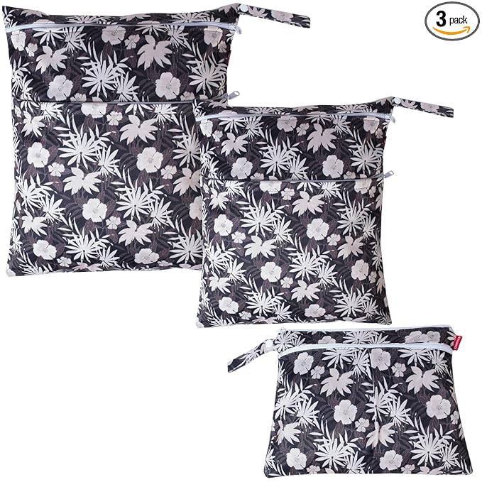 Damero 3Pcs Wet Dry Bag for Cloth Diaper, Swimsuit, Clothes, Ideal for Travel, Exercise, Daycare, Roomy and Water-Resistant(Coffee Flowers)