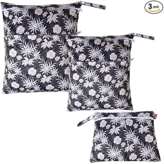 Damero 3Pcs Wet Dry Bag for Cloth Diaper, Swimsuit, Clothes, Ideal for Travel, Exercise, Daycare, Roomy and Water-Resistant(Coffee Flowers)