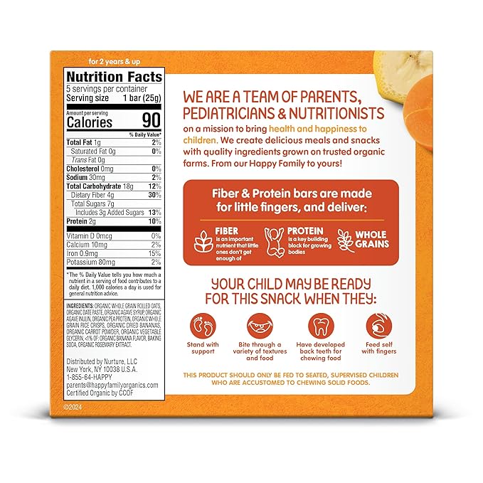 HAPPYTOT Organics Fiber & Protein Soft-Baked Oat Bars Organic Toddler Snack Banana & Carrot, 0.88 Ounce Bars, 5 Count Box (Pack of 6)