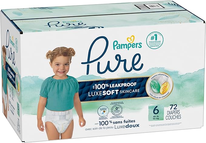 Pampers Baby Diapers - Pure Protection - Size 6, 72 Count, for up to 100% Leakproof, Premium Plant-based Skin Protection