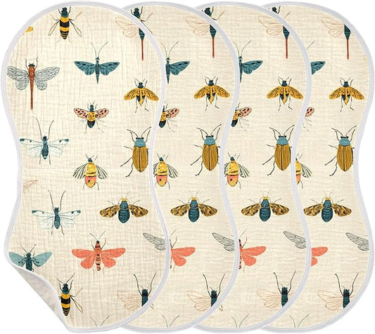 Insects Pattern Cute Burp Cloths Baby Boys Girls Absorbent Soft Cotton Burping Cloths Rags, 4 Pack