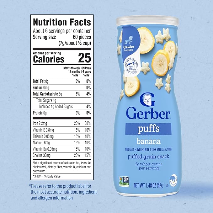Gerber Stage 3 Baby Snacks, Banana Puffs, Puffed Grain Snack, Baby Led Feeding, Iron & Choline, Puffs Snacks for Babies, 6-Pack