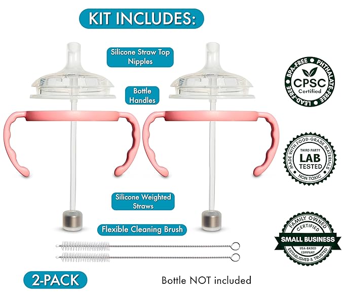Straw Cup Conversion Kit for Comotomo Baby Bottles 2-Count, Food Grade Silicone Straw Top Nipples, All Silicone Weighted Straw, Bottle Handles, Cleaning Brush, BPA Free, 6+ Months (Straw Top, Pink)