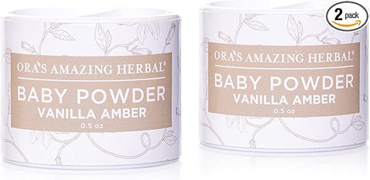 Baby Powder Talc-Free, Real Vanilla Amber Natural Scent, Cornstarch Free Arrowroot and Clay Based Powder, Synthetic Fragrance Free, Ora's Amazing Herbal, Pack of 2 Travel Size 0.5 oz