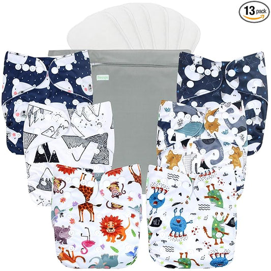 wegreeco Cloth Diapers 6 Pack with 6 Inserts & 1 Wet Bag, Washable Cloth Diapers for Babies, One Size Adjustable Reusable (Cool Animals)