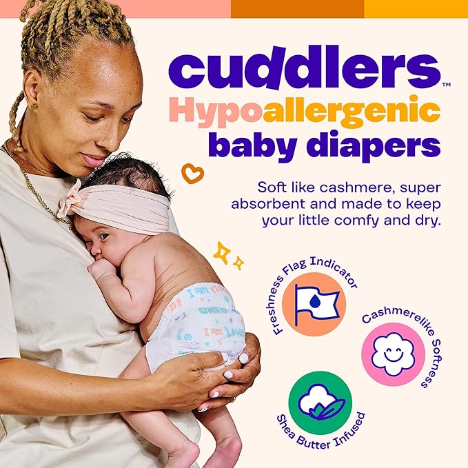 Happy Hues Cuddlers Disposable Diapers Size 1,8–14 lbs–Baby Diapers with Shea Butter, Wetness Indicator &Leak Protection–Ultra-Soft Unisex Newborn &Infant Diapers with Full Coverage,120 Count