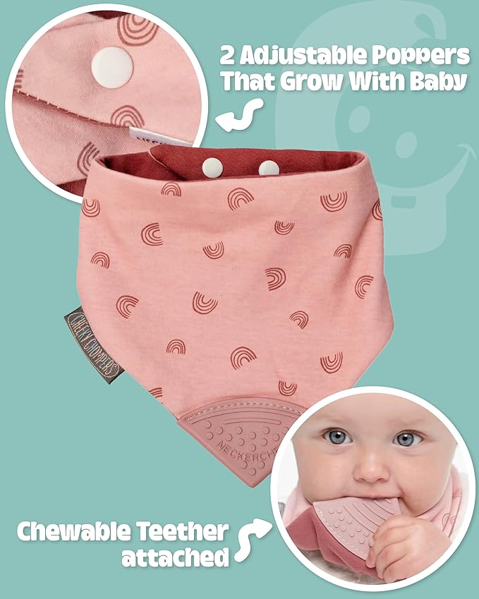 Cheeky Chompers Neckerchew Teething Bib, 2-in-1 Bandana Style Bib w/Food Grade Silicone Teether