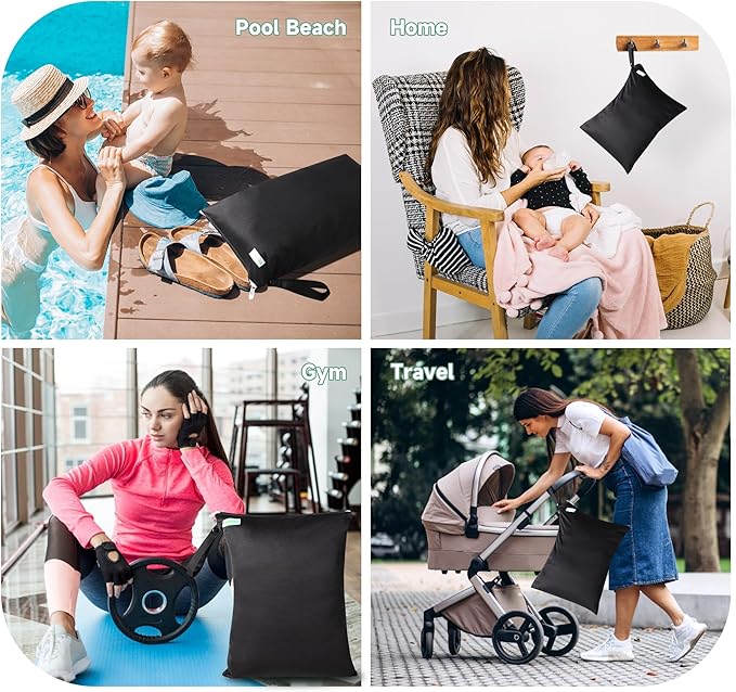 wegreeco Wet Dry Bag for Baby Swimsuit, Small Wet Dry Bag for Clothes Diaper and Breast Pump Parts, Large Baby bag for Travel,Gym Clothes,Beach,Pool,Extra Clothes (Black,3 Pack)