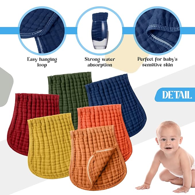 Frienda 6 Pack Muslin Burp Cloths Cotton Large 20''x 9'' Extra Absorbent and Soft Baby Burping Cloth for Baby Boy Girl Unisex(Retro Colors)