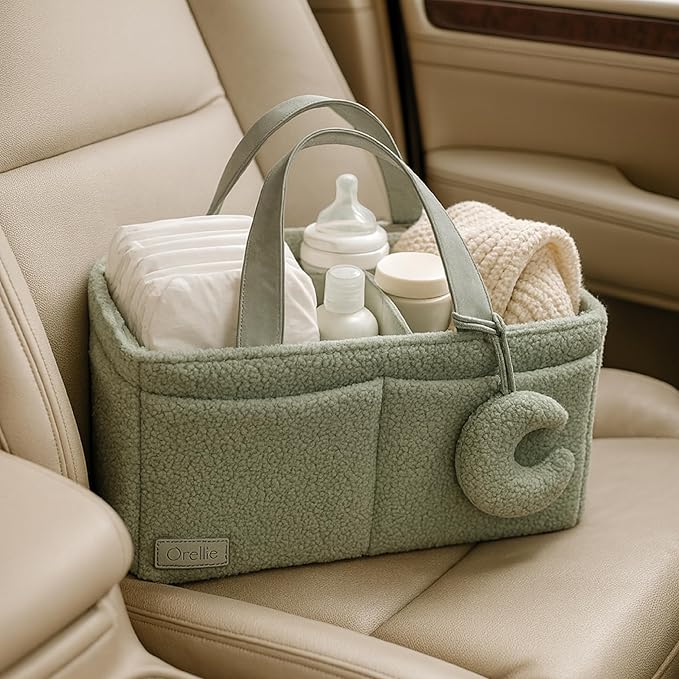 Orelle Bouclé Diaper Caddy Organizer with Matching Pouch & Moon Pendant | Teddy Portable Changing Table Organizer | Sage Green Diaper Caddy | Must-Have Baby Shower Gifts | Sage Green