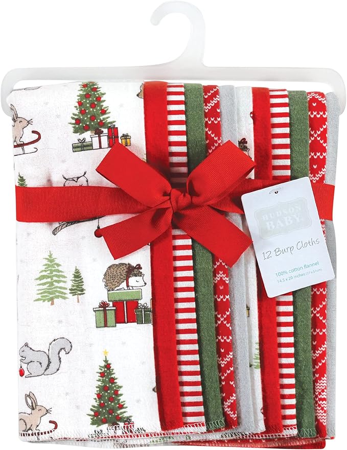 Hudson Baby Unisex Baby Cotton Flannel Burp Cloths Bundle, Christmas Forest, One Size