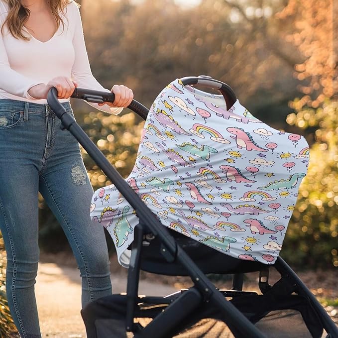 LedBack Cute Car Seat Cover for Babies Baby Stuff Nursing Breastfeeding Cover, Soft Breathable Baby Carseat Canopy, Rainbow Dinosaurs Pattern