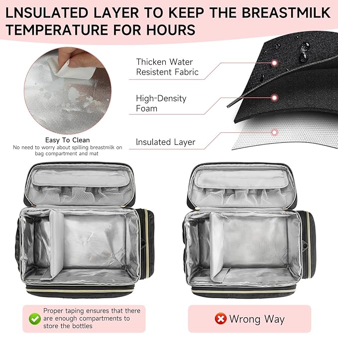 Breast Pump Bag Compatible with Spectra S1 and S2 with Insulated Compartment,Breast Pump Storage Bag with Water Resistant Mat for Pumping Essentials,Black,Bag Only