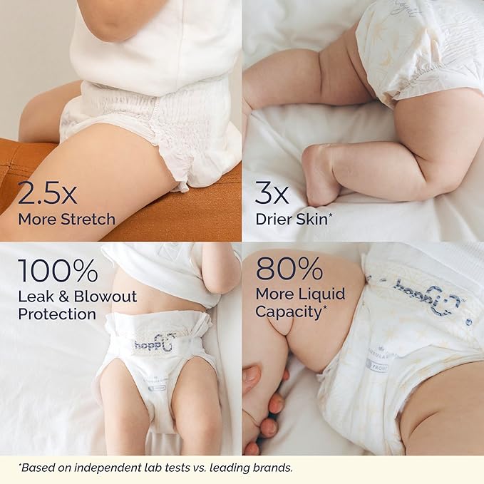 Hoppi Baby Diapers Size 3 (14-24 Lbs), Tape Style Disposable | Ultra Absorbent Overnight Leak Protection for Heavy Wetters | Hypoallergenic, Unscented, Chlorine-Free, Soft Fit, 44 Count