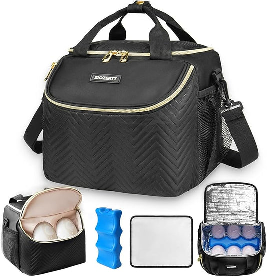 Wearable Breast Pump Bag,Breastmilk Cooler Travel Bag Compatible with Momcozy/Eufy/Elvie/Willow/Medela Breast Pump with Ice Pack and Water Resistent Mat for 6 Baby Bottles Up to 9 Ounce,Black
