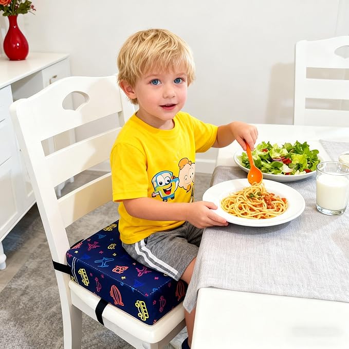 Toddler Booster Seats for Kitchen Chair with Double Safer Straps Non-Slip Bottom for Kids, Portable Travel High Density Sponge Detachable Cushion for Boys Girls (Airplane)
