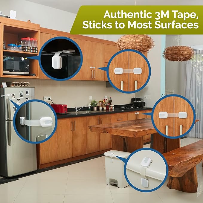 Child Safety Strap Locks (8 Pack) Baby Locks for Cabinets and Drawers, Toilet, Fridge & More. 3M Adhesive Pads. Easy Installation, No Drilling Required, White/Gray
