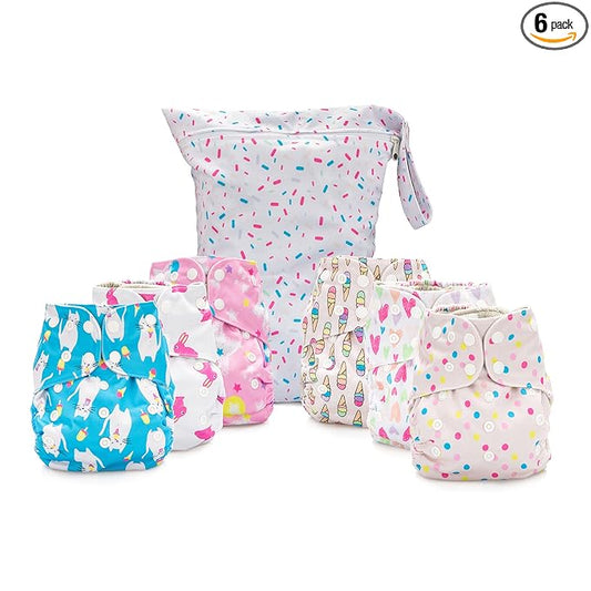 Simple Being Reusable Cloth Diapers, Double Gusset, One Size Adjustable, Washable Soft Absorbent, Waterproof Cover, Unisex Baby Girl Boy, Six Microfiber Inserts (Sweet)