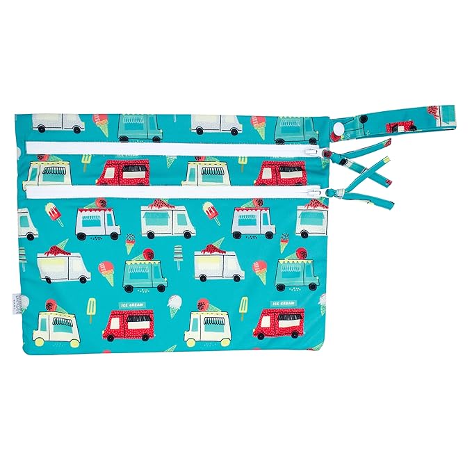 BapronBaby Ice Cream Truck Wet Dry Bag - Waterproof Two Zipper Pockets - Reusable for Mealtime, Diapers, Stroller, Snacks, Swimsuits - Machine Washable - 11" x 9"
