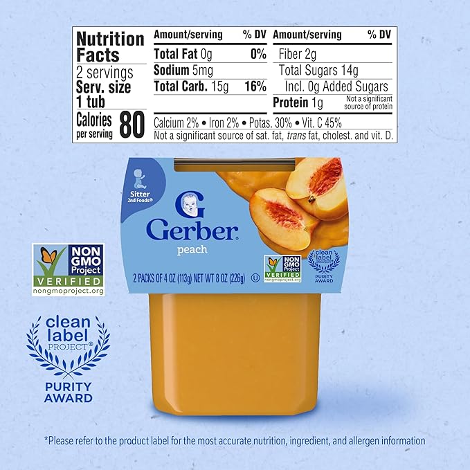 Gerber Stage 2 Baby Food, Peach Puree Tubs, No Artificial Colors or Flavors, Baby Puree, 16-Pack